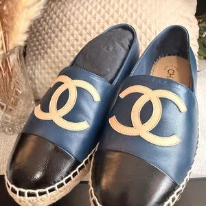 CHANEL Navy and Black Espadrilles with Cream Logo